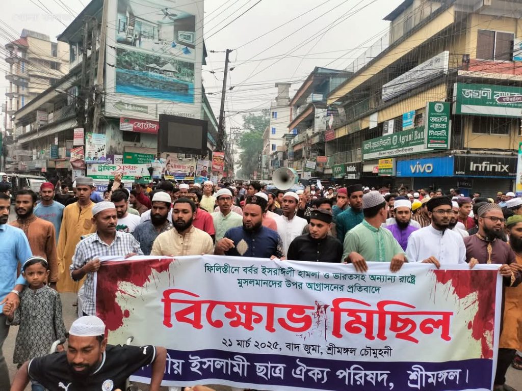 গাজায় ইসরায়েলের গণহত্যার প্রতিবাদে শ্রীমঙ্গলে সর্বদলীয় ইসলামী ছাত্র ঐক্য পরিষদের বিক্ষোভ মিছিল